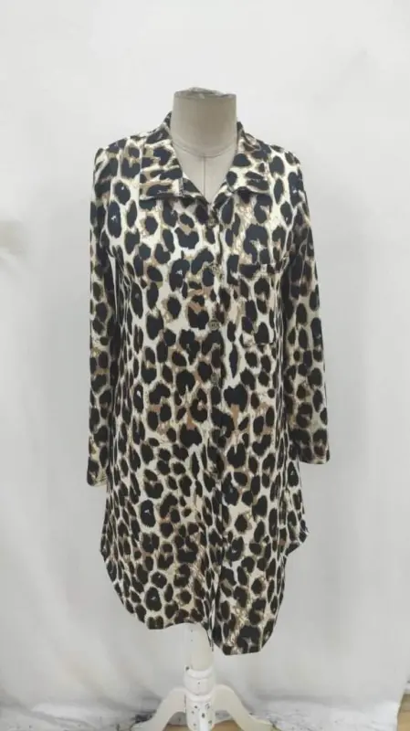 Women's Long Sleeve Collared Button-front Leopard Print Modal Midi Dress - 6