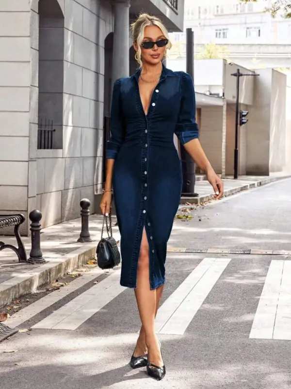 Women's Long Sleeve Collared Button Front Midi Denim Dress - 2