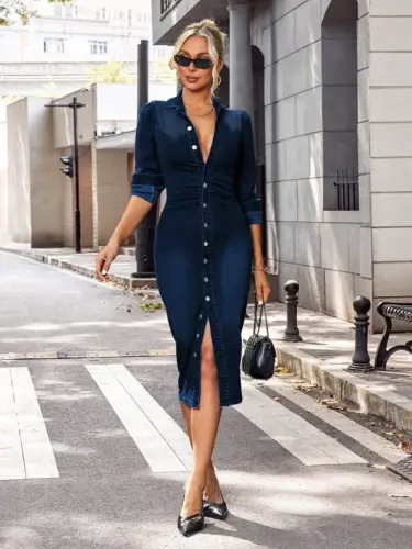 Women's Long Sleeve Collared Button Front Midi Denim Dress - 4