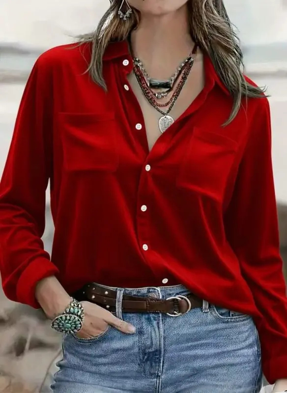 Women's Long Sleeve Collared Button-Front Pocket Detail Corduroy Shirt - 2