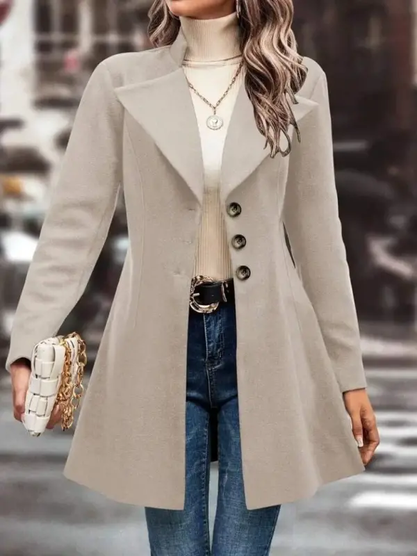 Women's Long Sleeve Collared Button-Front Short Wool Coat - 1