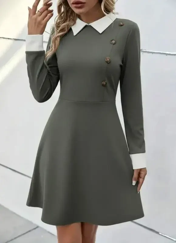 Women's Long Sleeve Collared Buttoned Sea Green Modal Mini Dress - 1