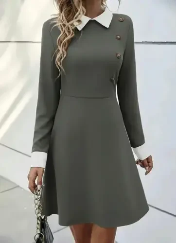 Women's Long Sleeve Collared Buttoned Sea Green Modal Mini Dress - BÜYÜKBEDENIZ (1)