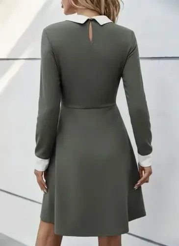 Women's Long Sleeve Collared Buttoned Sea Green Modal Mini Dress - 3