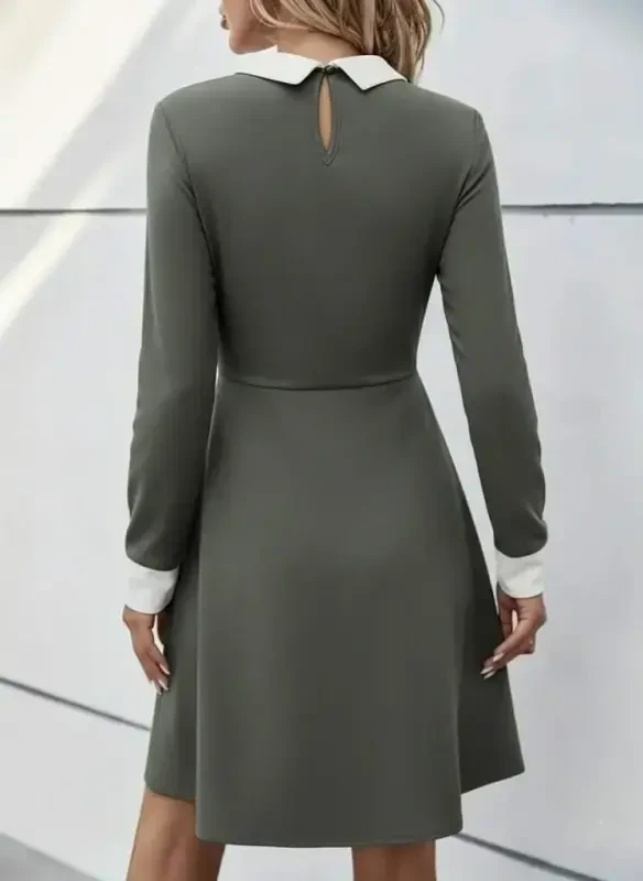 Women's Long Sleeve Collared Buttoned Sea Green Modal Mini Dress - 3