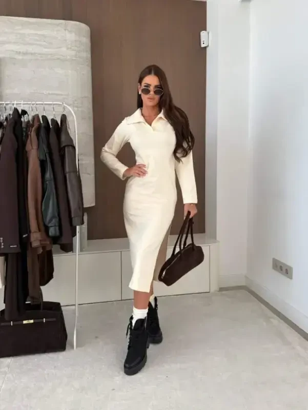 Women's Long Sleeve Collared Side Slit Midi Modal Dress - BÜYÜKBEDENIZ