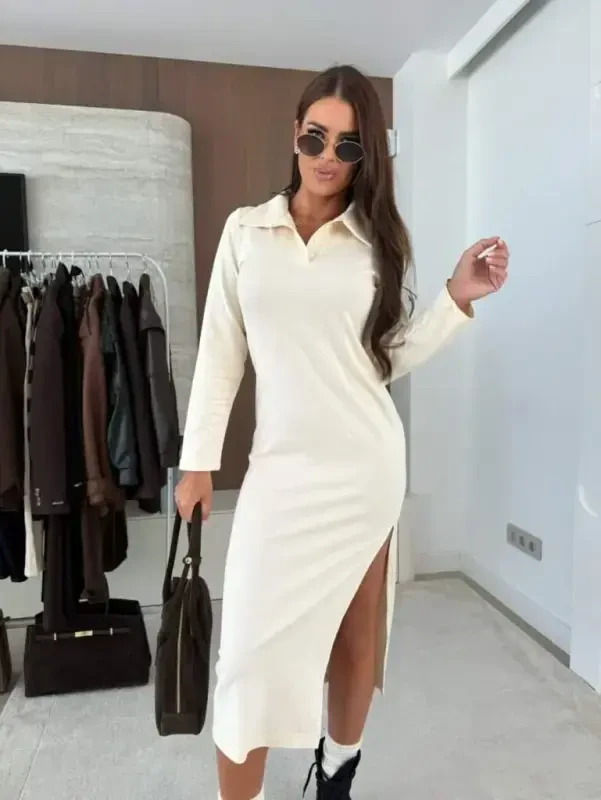 Women's Long Sleeve Collared Side Slit Midi Modal Dress - 3