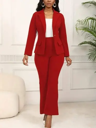 Women's Long Sleeve Collared Single Button Detailed Lined Imported Crepe Jacket and Trousers Two-Piece Set - 1