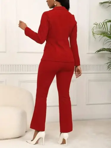 Women's Long Sleeve Collared Single Button Detailed Lined Imported Crepe Jacket and Trousers Two-Piece Set - 3