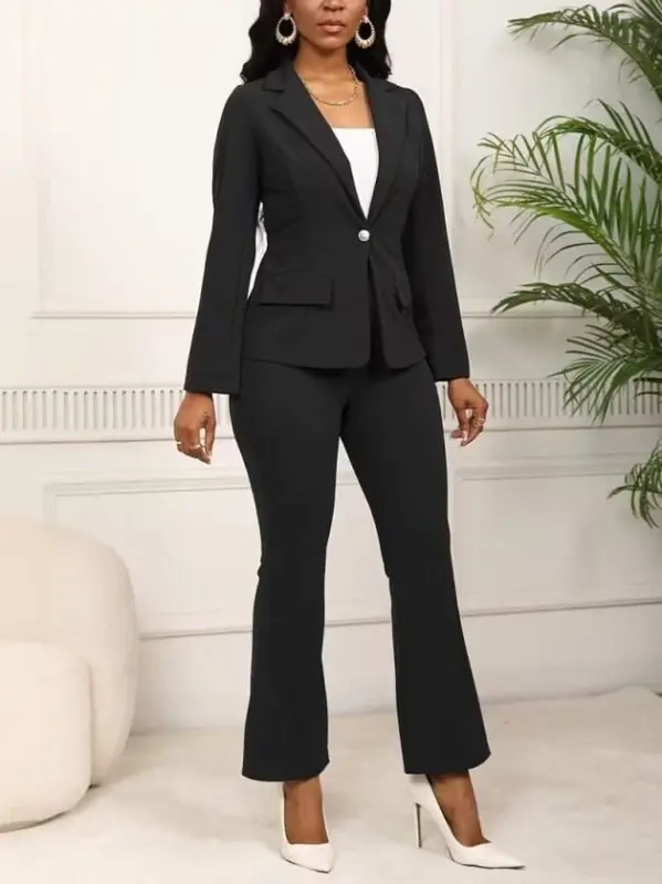 Women's Long Sleeve Collared Single Button Detailed Lined Imported Crepe Jacket and Trousers Two-Piece Set - 3