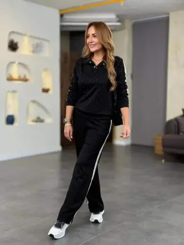 Women's Long Sleeve Collared Stripe Detailed Viscose Two-Thread Blouse and Pants Two-Piece Set - 3