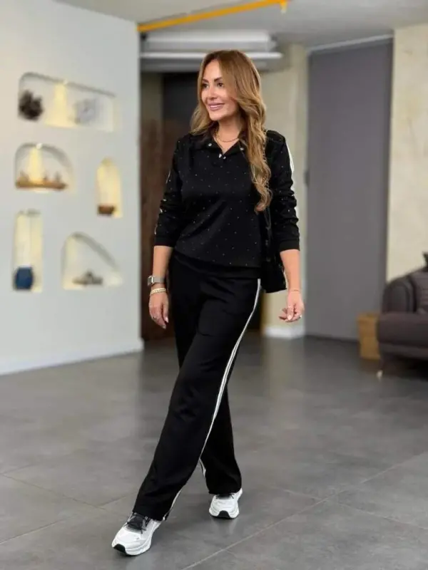 Women's Long Sleeve Collared Stripe Detailed Viscose Two-Thread Blouse and Pants Two-Piece Set - 3