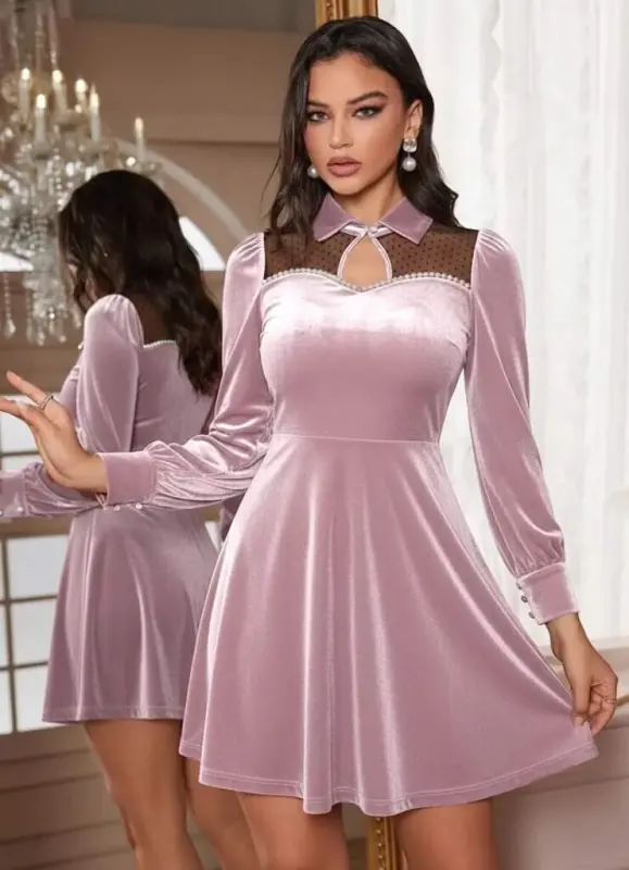 Women's Long Sleeve Collared Tulle Detailed Pearl Mini Velvet Dress - BÜYÜKBEDENIZ