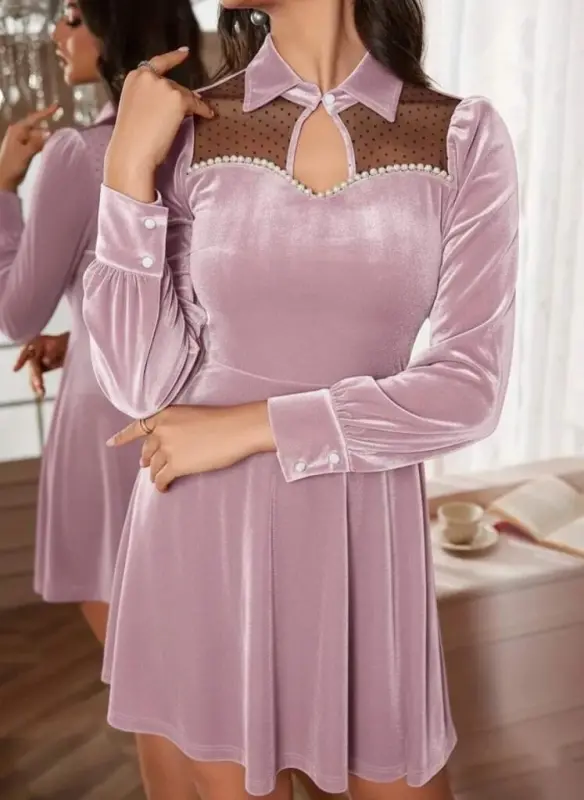 Women's Long Sleeve Collared Tulle Detailed Pearl Mini Velvet Dress - 2