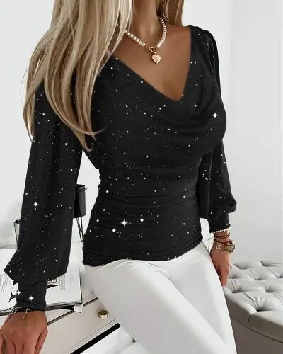 Women's Long Sleeve Cowl Neck Rhinestone Sandy Blouse - 1