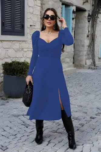 Women's Long Sleeve Crepe Midi Dress with Plunge Neck and Back - BÜYÜKBEDENIZ (1)