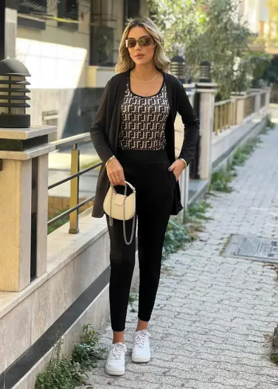 Women's Long Sleeve Crepe Three Piece Set - 1