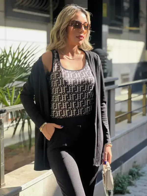 Women's Long Sleeve Crepe Three Piece Set - 5