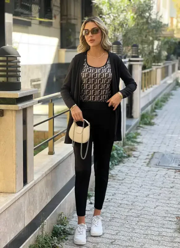 Women's Long Sleeve Crepe Three Piece Set - 7