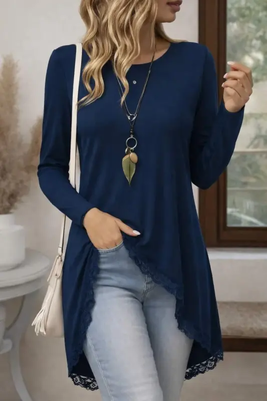 Women's Long Sleeve Crew Neck Asymmetric Cut Detailed Lace Viscose Blouse - 1