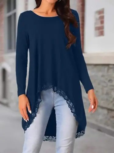 Women's Long Sleeve Crew Neck Asymmetric Cut Detailed Lace Viscose Blouse - 3