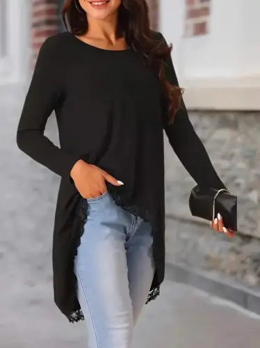Women's Long Sleeve Crew Neck Asymmetric Cut Detailed Lace Viscose Blouse - BÜYÜKBEDENIZ (1)
