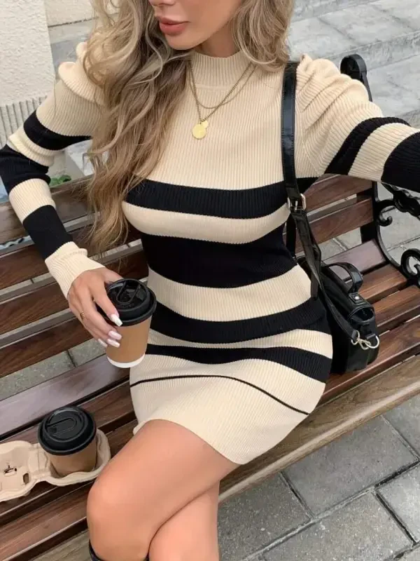 Women's Long Sleeve Crew Neck Balloon Sleeve Detail Multicolor Mini Dress - 3