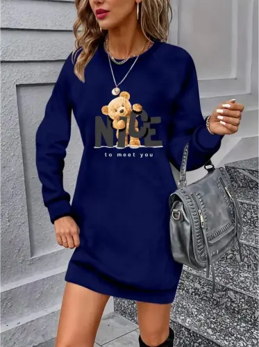 Women's Long Sleeve Crew Neck Bear Patterned Viscose Two Thread Dress - 1