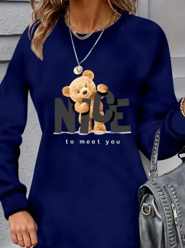 Women's Long Sleeve Crew Neck Bear Patterned Viscose Two Thread Dress - BÜYÜKBEDENIZ (1)