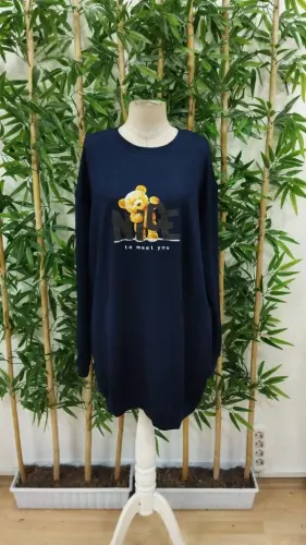 Women's Long Sleeve Crew Neck Bear Patterned Viscose Two Thread Dress - 4