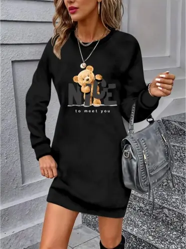 Women's Long Sleeve Crew Neck Bear Patterned Viscose Two Thread Dress - 1