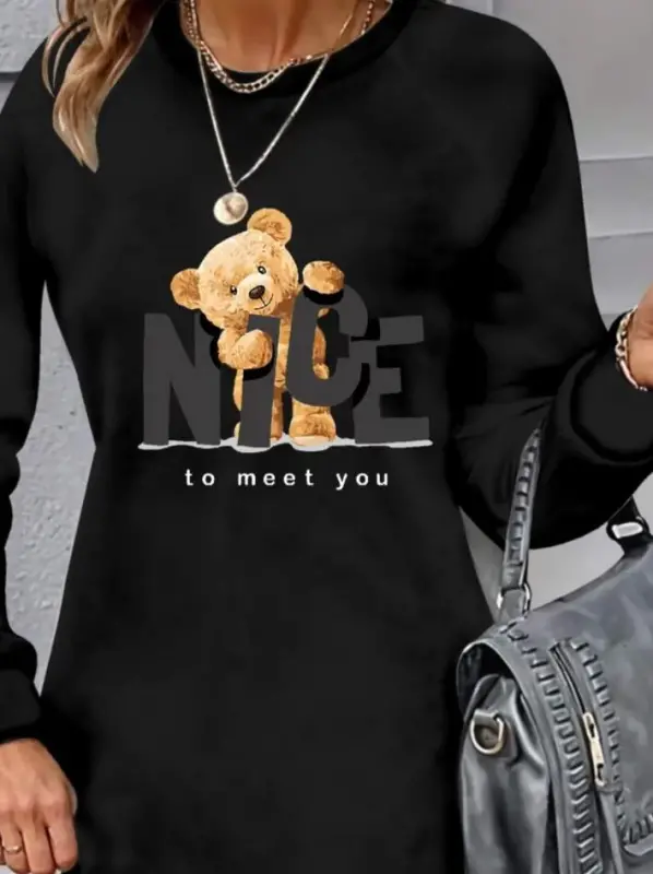 Women's Long Sleeve Crew Neck Bear Patterned Viscose Two Thread Dress - 2