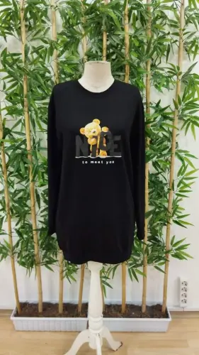 Women's Long Sleeve Crew Neck Bear Patterned Viscose Two Thread Dress - 4