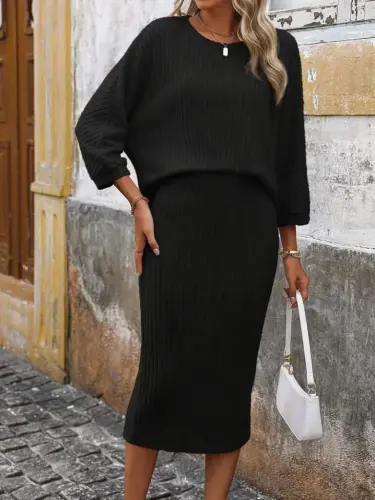 Women's Long Sleeve Crew Neck Brushed Ribbed Blouse And Skirt Two-Piece Set - 3