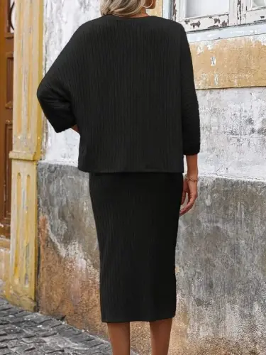 Women's Long Sleeve Crew Neck Brushed Ribbed Blouse And Skirt Two-Piece Set - 5