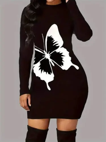 Women's Long Sleeve Crew Neck Butterfly Patterned Short Viscose Two Thread Dress - 1