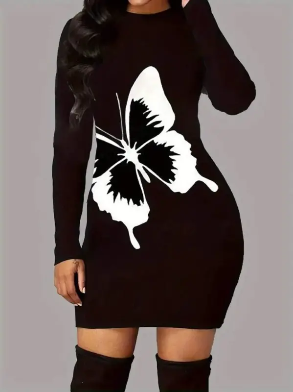 Women's Long Sleeve Crew Neck Butterfly Patterned Short Viscose Two Thread Dress - 1