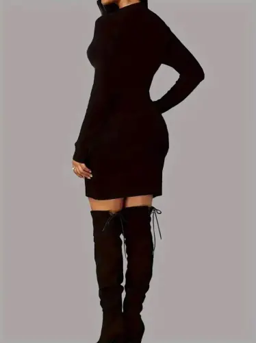 Women's Long Sleeve Crew Neck Butterfly Patterned Short Viscose Two Thread Dress - 2