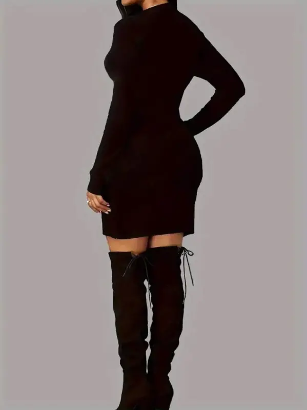 Women's Long Sleeve Crew Neck Butterfly Patterned Short Viscose Two Thread Dress - 2