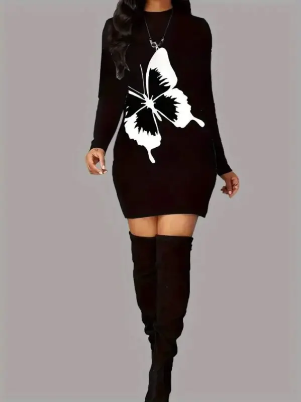 Women's Long Sleeve Crew Neck Butterfly Patterned Short Viscose Two Thread Dress - 3