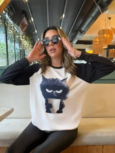 Women's Long Sleeve Crew Neck Cat Printed Plush Lined Scuba Blouse - 1