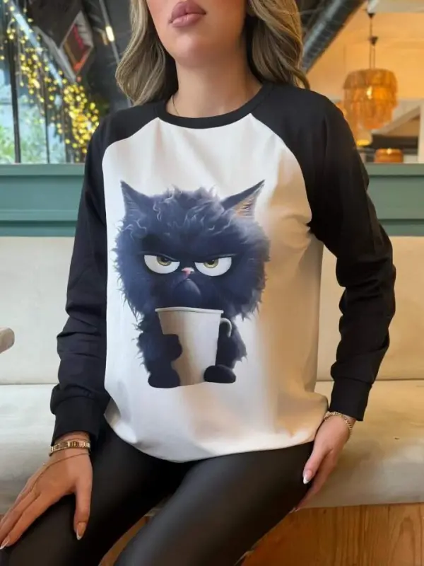 Women's Long Sleeve Crew Neck Cat Printed Plush Lined Scuba Blouse - 3