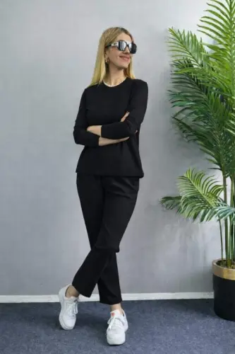 Women's Long Sleeve Crew Neck Crinkle Blouse And Trousers Two-Piece Set - 3