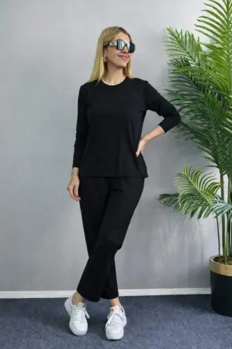Women's Long Sleeve Crew Neck Crinkle Blouse And Trousers Two-Piece Set - 4