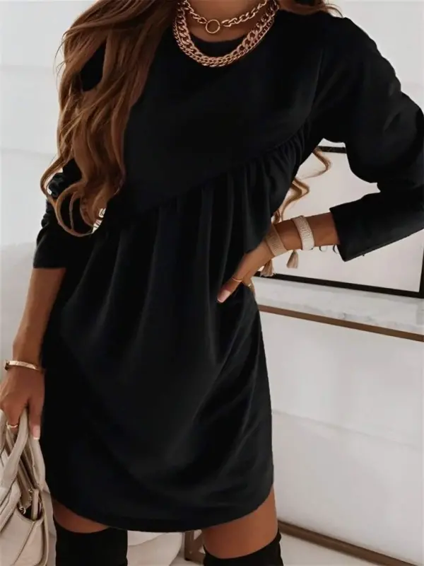 Women's Long Sleeve Crew Neck Cross Ruched Detail Two-Thread Mini Dress - BÜYÜKBEDENIZ