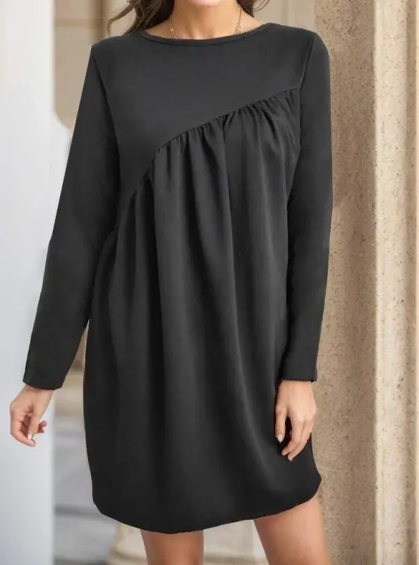 Women's Long Sleeve Crew Neck Cross Ruched Detail Two-Thread Mini Dress - 5