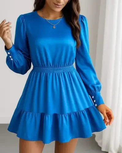 Women's Long Sleeve Crew Neck Elastic Waist Ruffled Imported Crepe Dress - 1