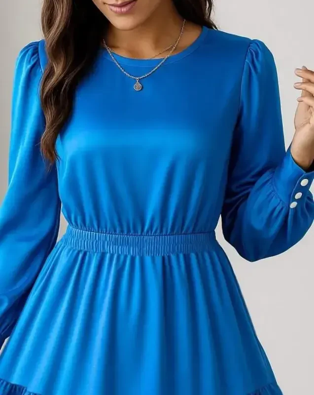 Women's Long Sleeve Crew Neck Elastic Waist Ruffled Imported Crepe Dress - 2