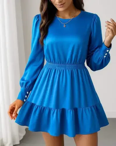 Women's Long Sleeve Crew Neck Elastic Waist Ruffled Imported Crepe Dress - 3