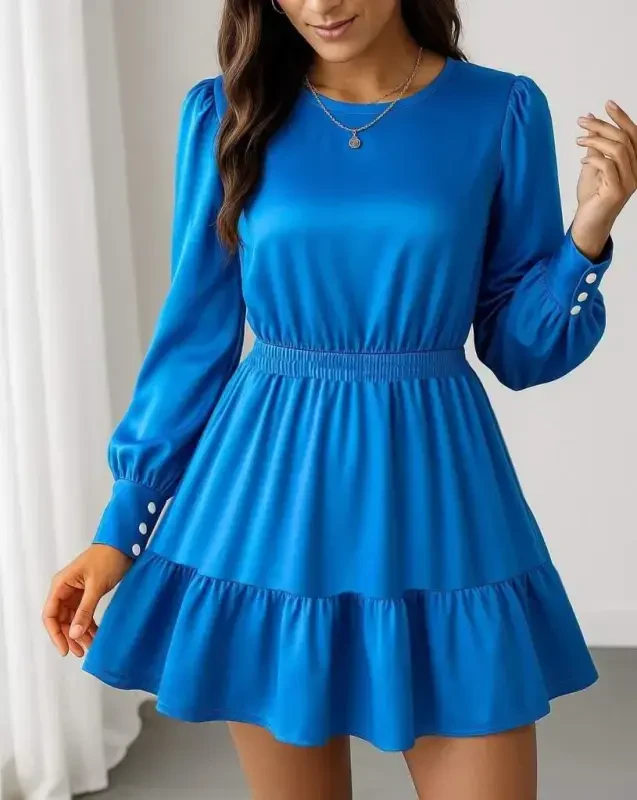 Women's Long Sleeve Crew Neck Elastic Waist Ruffled Imported Crepe Dress - 3